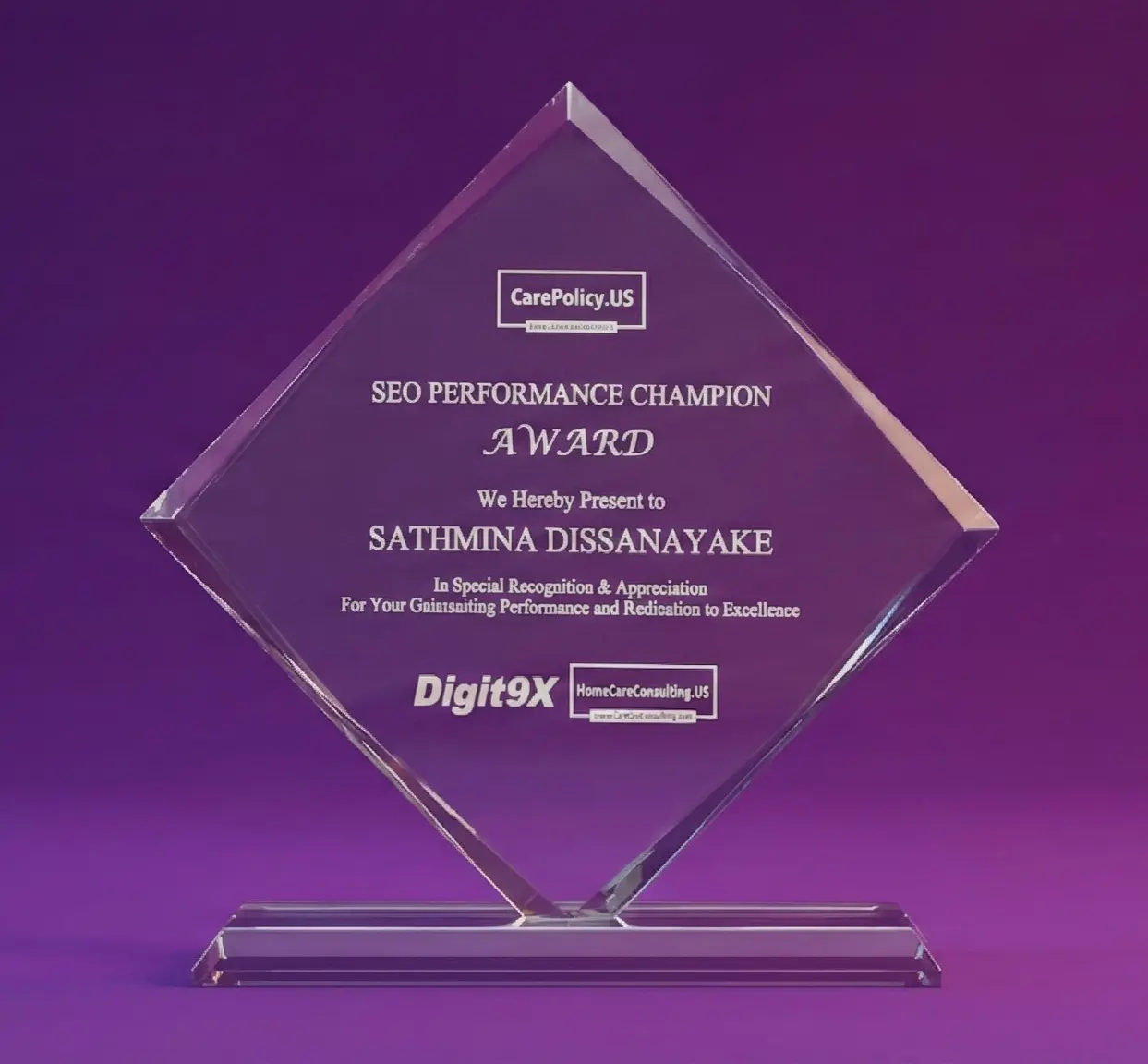 The official 2025 SEO Performance Champion Award presented to Sathmina Dissanayake for outstanding performance and dedication to excellence in search strategy.
